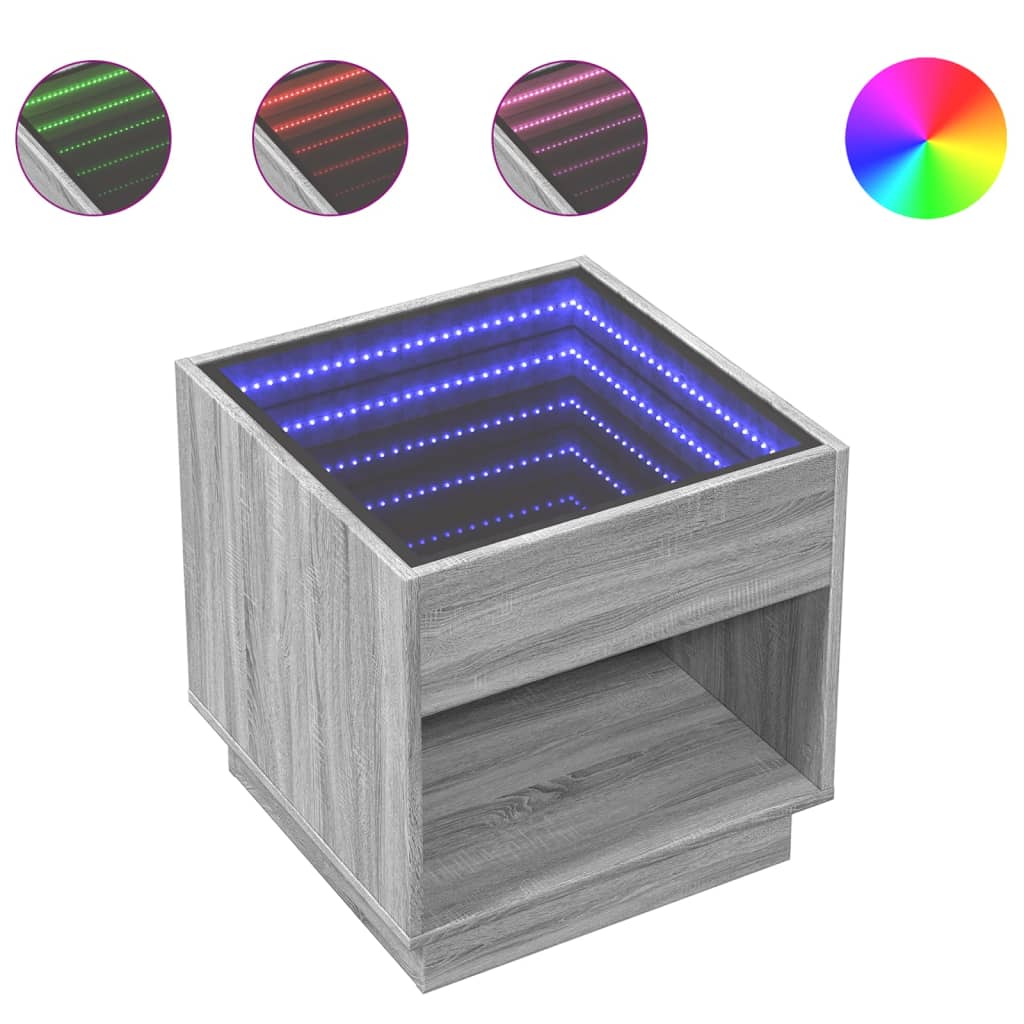 szürke sonoma végtelen hatású LED-es dohányzóasztal 50x50x50 cm (847656)