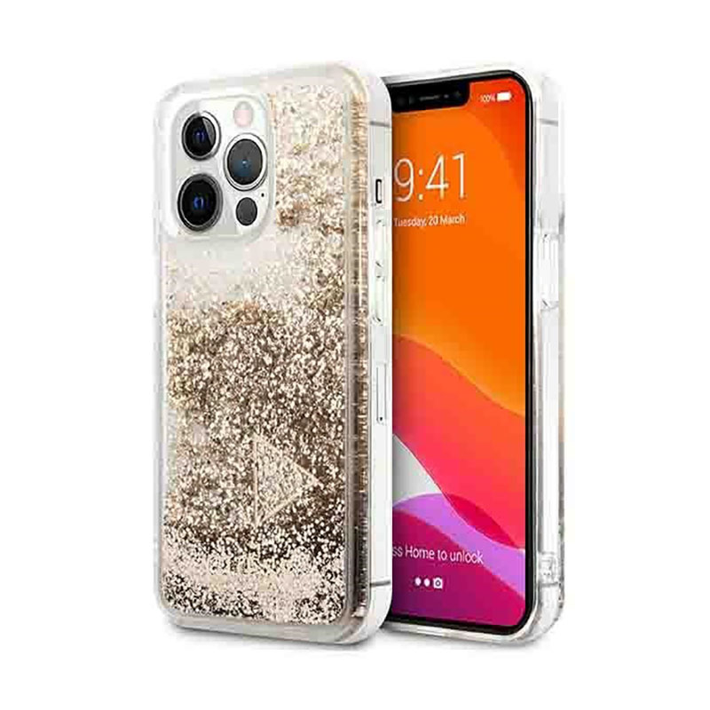 Guess Liquid Glitter Charms Apple iPhone 14 Pro Szilikon Tok - Átlátszó/Arany (GUOHCP14LGLHFLGO)