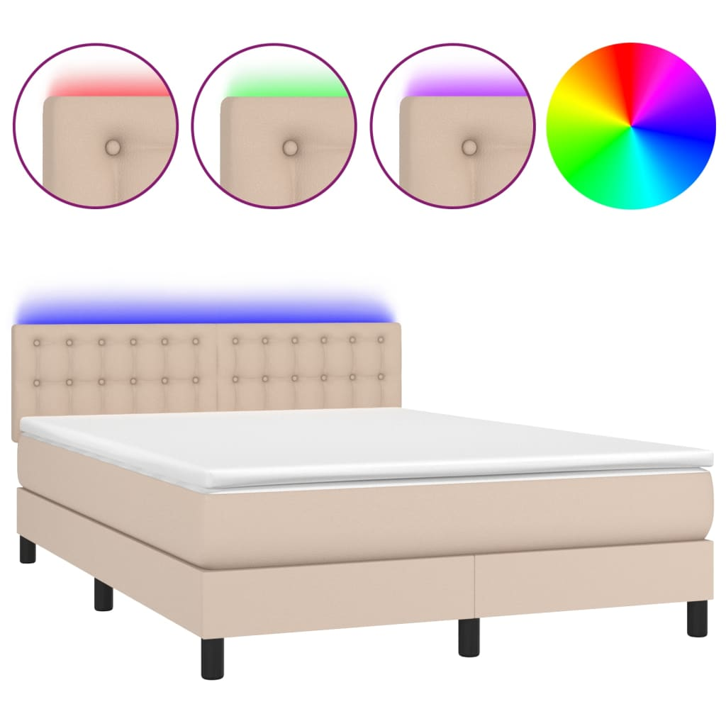 cappuccino színű műbőr rugós ágy matraccal és LED-del 140x190cm (3134224)