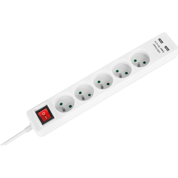 Rebel Hálózati Hosszabbító Kábel 5 Aljzat + 2 USB Aljzat Be-/Kikapcsolóval 3 m