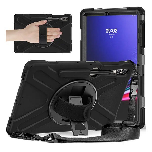 Defender műanyag tok (ütésállóság, kitámasztó, 360°, ceruzatartó + kézpánt, vállpánt) FEKETE Samsung Galaxy Tab S10 FE LTE (SM-X520) / Galaxy Tab S10 FE WIFI (SM-X526) / Galaxy Tab S9 Plus WIF (GP-152771)