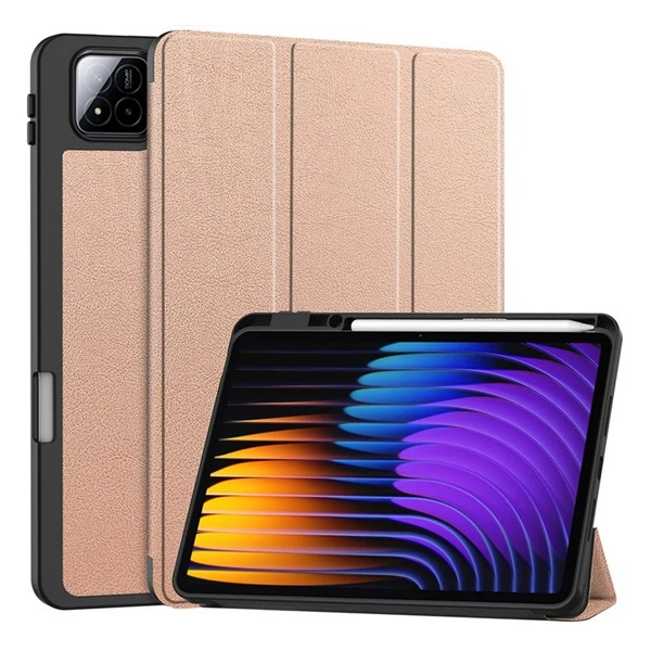 gigapack Tok álló, bőr hatású (aktív FLIP, oldalra nyíló, TRIFOLD, asztali tartó, ceruza tartó) ROZÉARANY Xiaomi Pad 7 Pro / Pad 7 