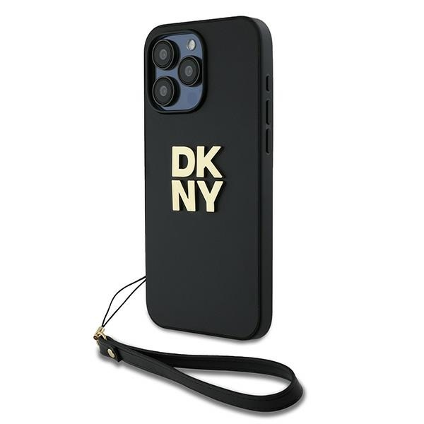 DKNY iPhone 15 Pro Max Csuklópántos PU Bőr Telefon tok - Fekete (DKHCP15XPBSWSK)