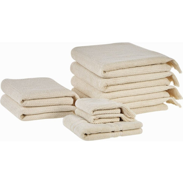 Conjunto De 9 Toallas De Algodón Beige Rizo Textura Borlas Decorativas Baño Atiu