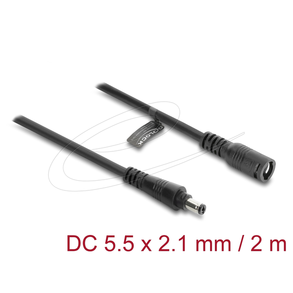 Delock DC hosszabbító kábel 5,5 x 2,1 mm dugós csatlakozó, aljzat, bajonettzárral 18 AWG 2 m fekete