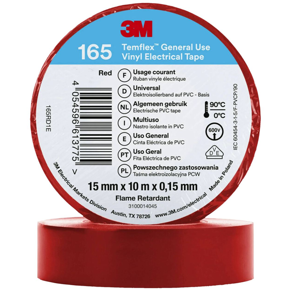 3M Temflex 165 165RD1E vinil szigetelőszalag, piros, 10 m x 15 mm