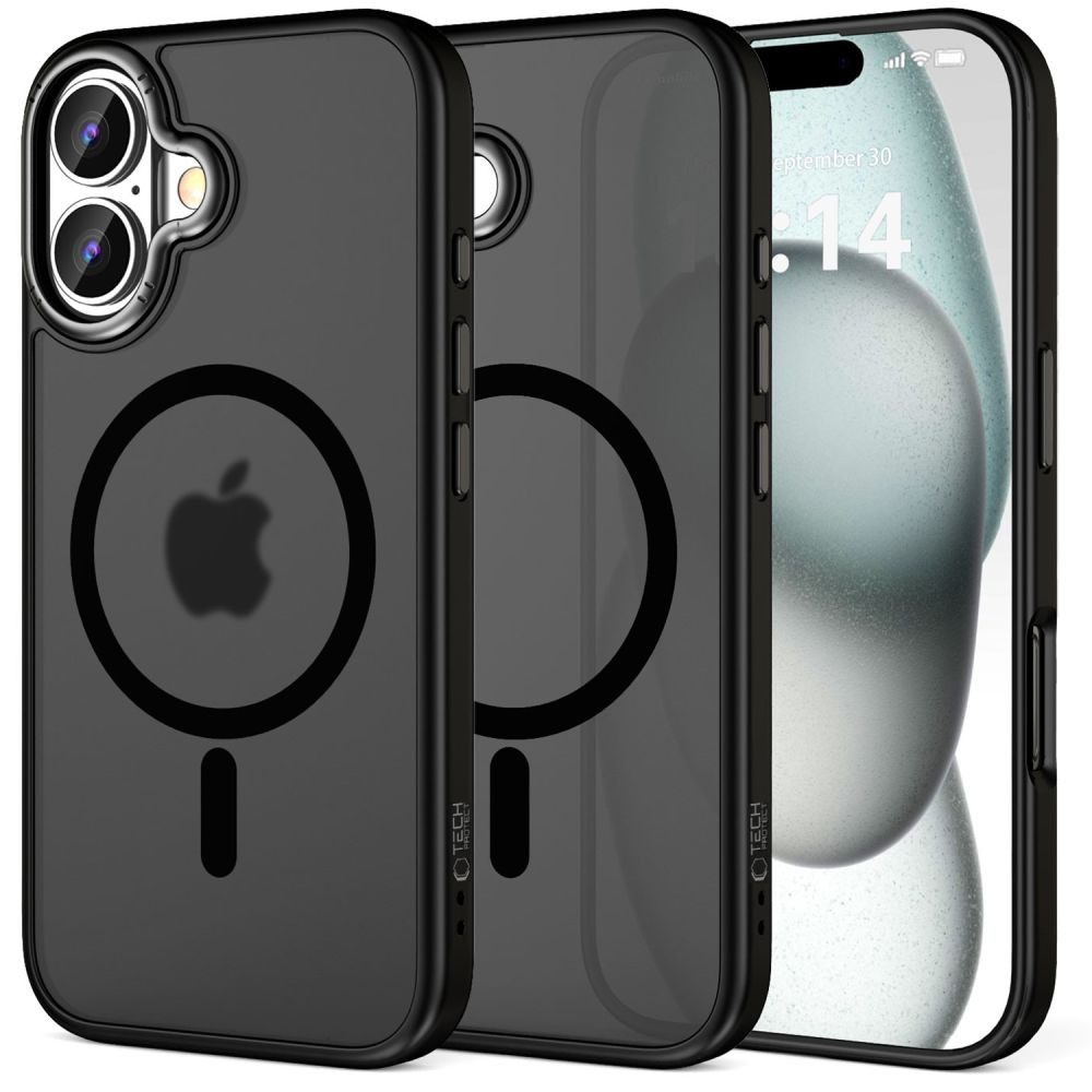 Apple iPhone 16, Műanyag hátlap védőtok + szilikon keret, Magsafe töltővel kompatibilis, Magedge Magsafe, áttetsző/fekete (5906302311170)