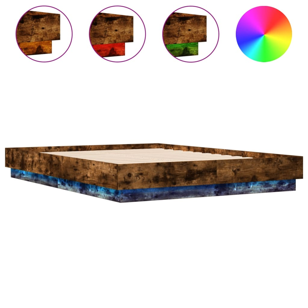 füstös tölgy színű ágykeret LED-világítással 135x190 cm (3209818)