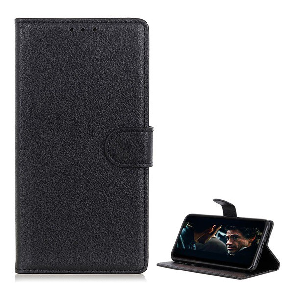 Tok álló, bőr hatású (FLIP, oldalra nyíló, asztali tartó funkció, prémium) FEKETE [Samsung Galaxy A20s (SM-A207F)] (5996457924059)