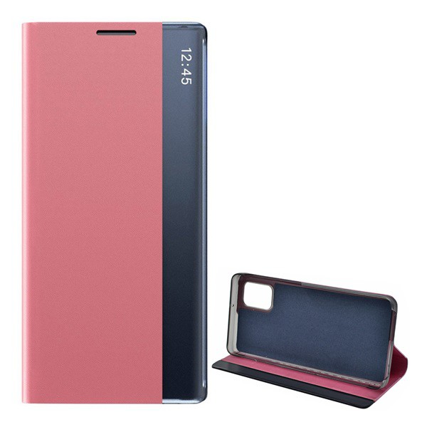 Tok álló, textil hatású (aktív FLIP, oldalra nyíló, asztali tartó funkció, Smart View Cover) RÓZSASZÍN [Samsung Galaxy M31s (SM-M317F)] (5996591047386)