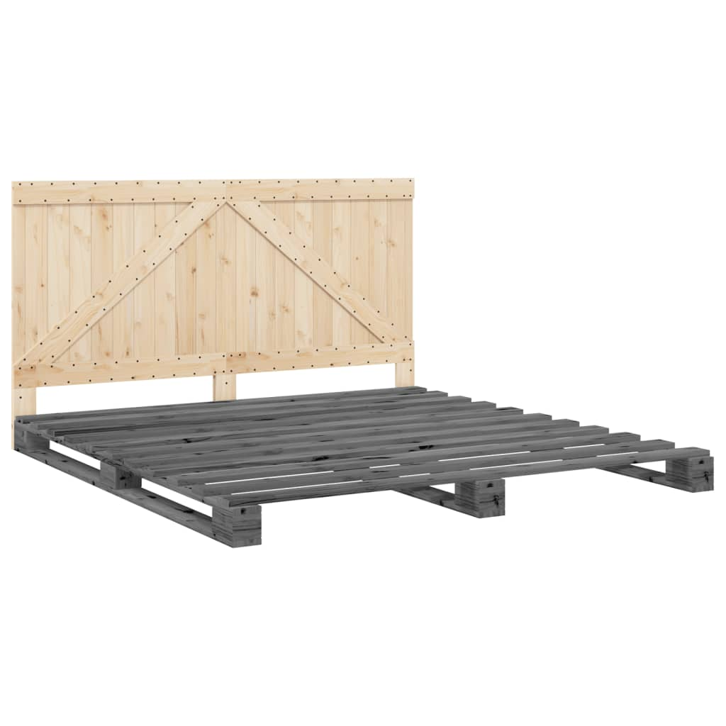 szürke tömör fenyőfa ágykeret fejtámlával 200 x 200 cm (3281567)