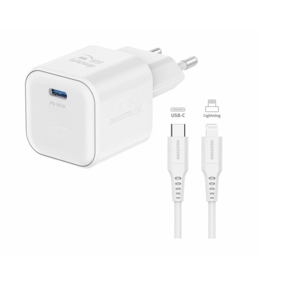 Swissten GaN 1x USB-C 35 W Power Delivery töltőfej + USB-C/USB-C 1,2 m adatkábel, fehér (22070220)