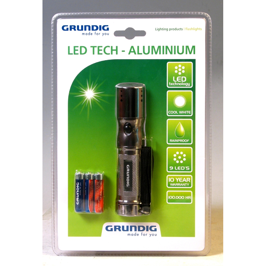 Grundig TORCH-9LED-ALU Elemes LED Elemlámpa 60 lumen - Fekete (TORCH-9LED-ALU 3AAA-GR)