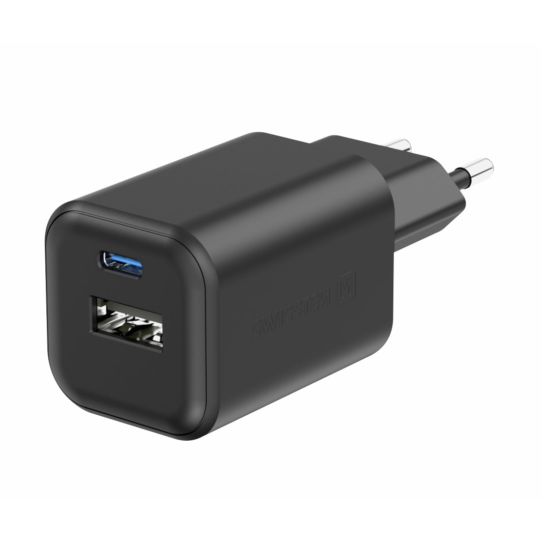 Swissten GaN 1x USB-C 45 W PD + 1x USB-A 18 W QC töltőfej - fekete (22071310)