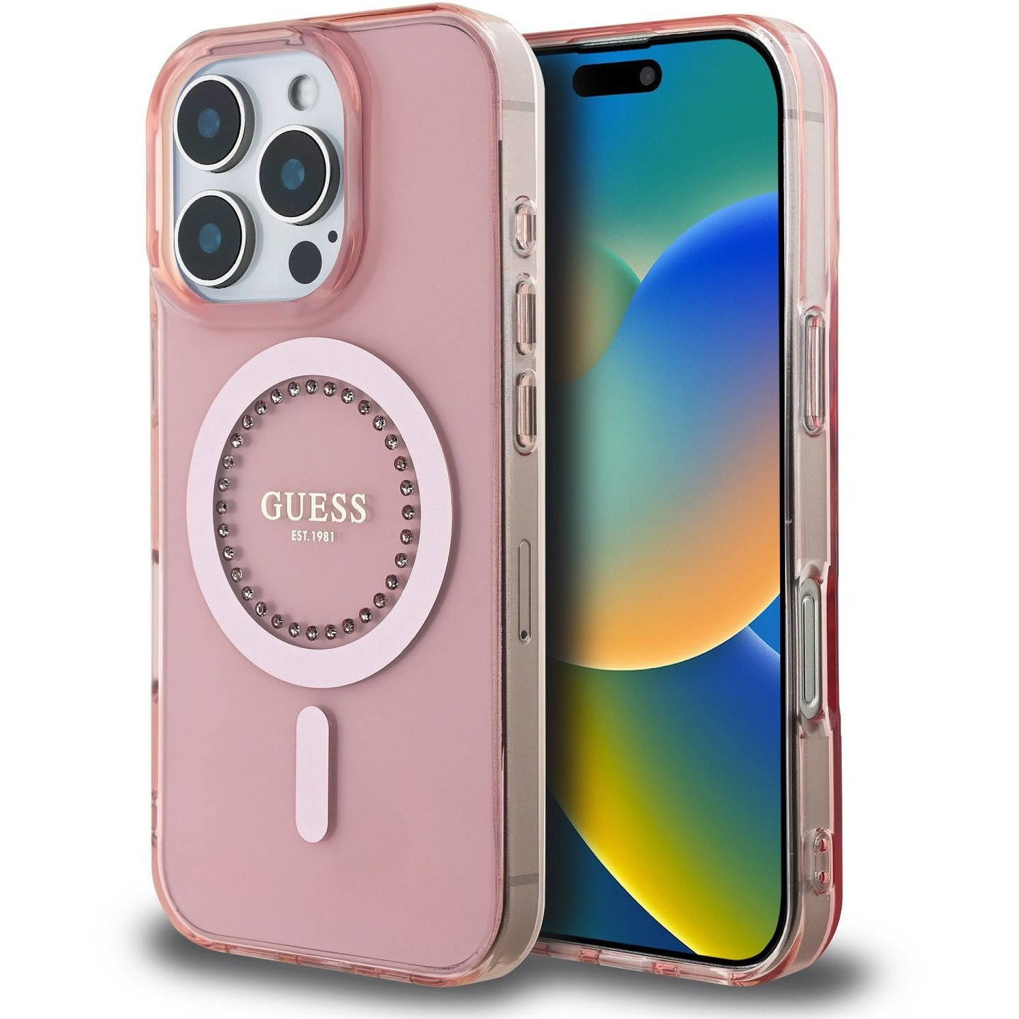 Guess IML Rhinestones Ring iPhone 16 Pro Max fehér MagSafe tok (GUHMP16XPFTDTEH)