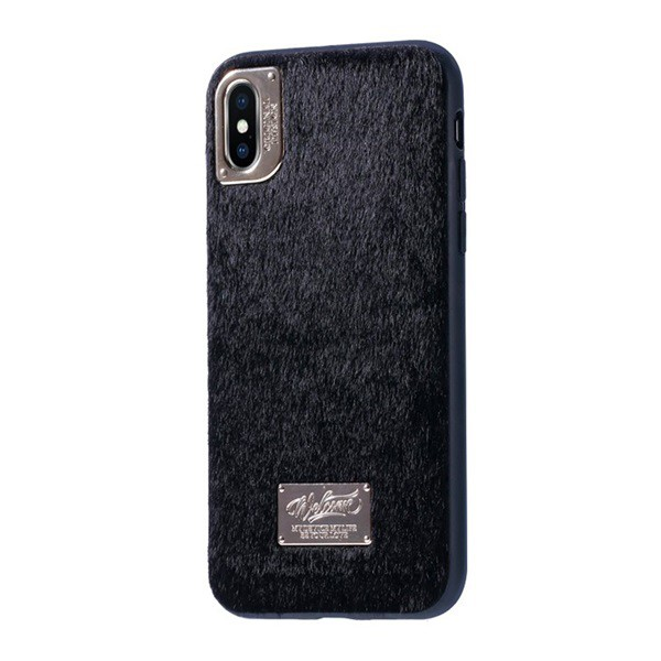 WK műanyag telefonvédő (műanyag hátlap, plüss bevonat) FEKETE [Apple iPhone XS 5.8]
