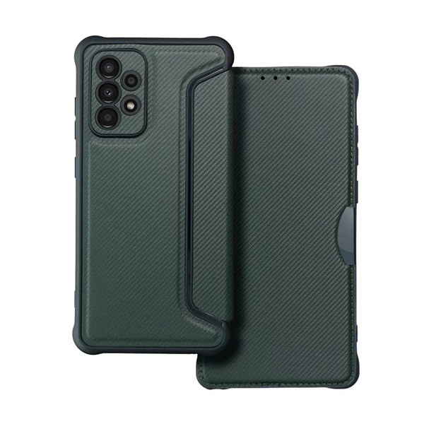 Samsung Galaxy A33 5G SM-A336B, калъф със странично отваряне, ъгъл с въздушна възглавница, кожен ефект, карбонов модел, Razor Book, зелен (RS129239)