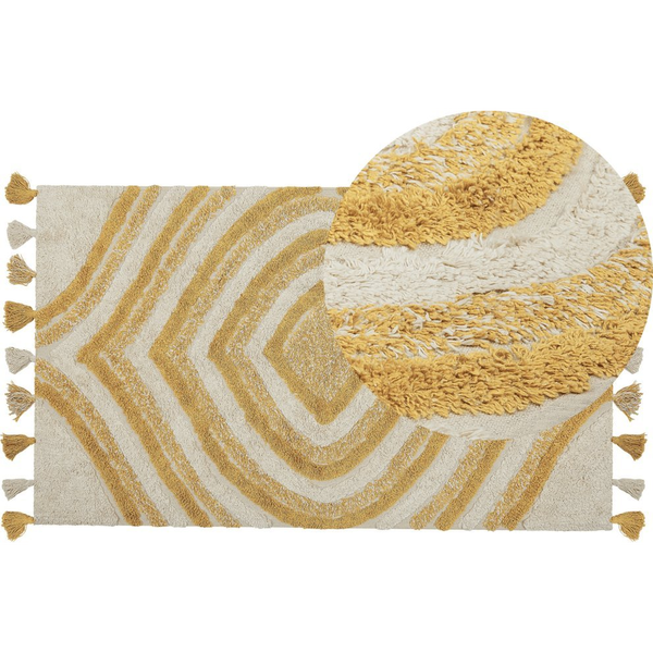 Alfombra De Algodón Beige Amarillo Mostaza 80 X 150 Cm A Mano Abstracto Bingol - Beige