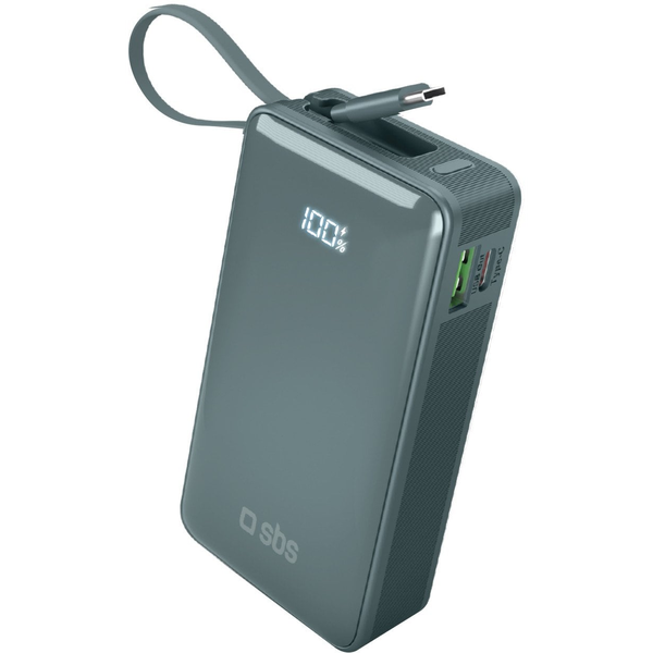 SBS Power Bank 10,000 mAh with Built-in USB-C Cable Cyan