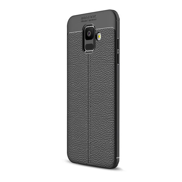 Szilikon telefonvédő (közepesen ütésálló, bőr hatású, varrás minta) FEKETE [Samsung Galaxy A6 (2018) SM-A600F] (5996457771424)