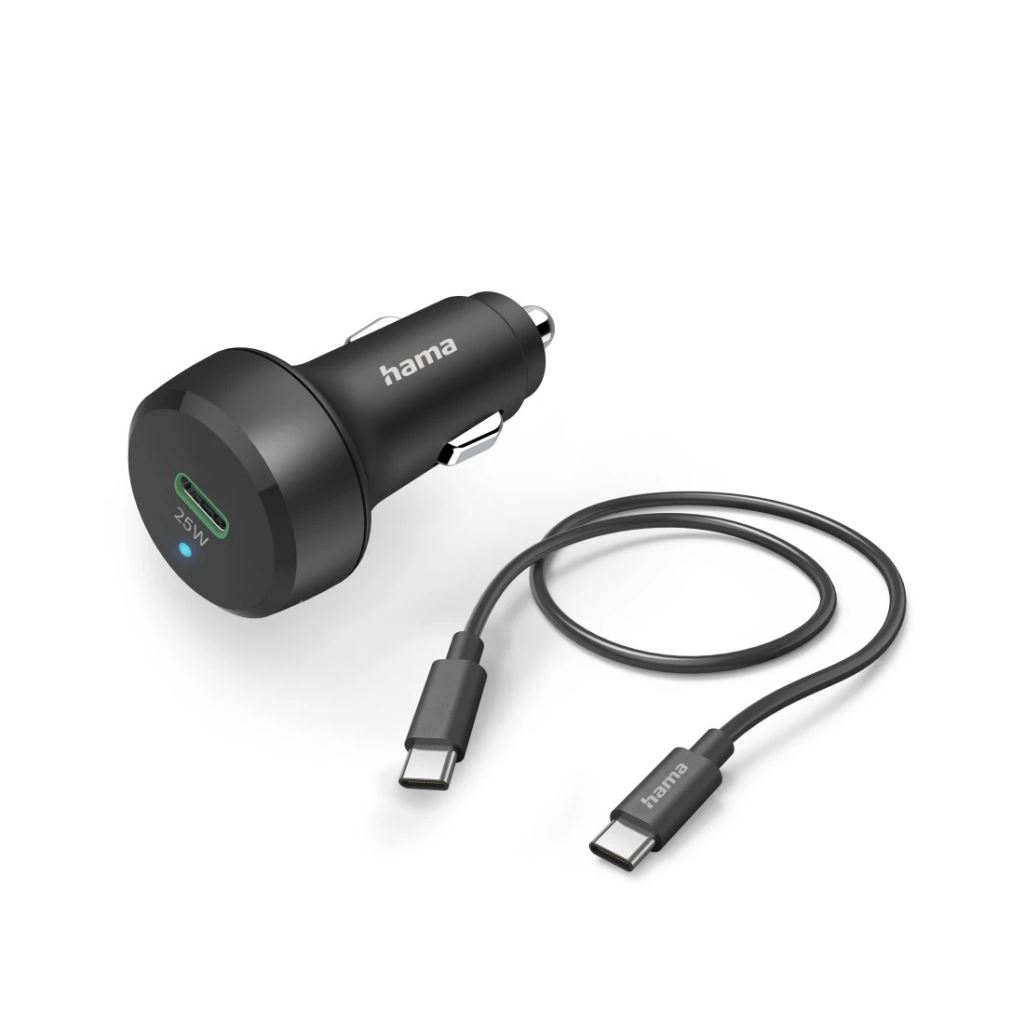 Hama USB-C autós töltő 25W, 1m-es USB-C - USB-C kábellel fekete (00201614) (00201614)