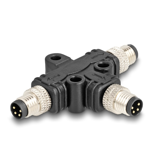 Delock M8 T-megosztó A-kódolt 4 tűs 1 x apa - 2 db. apa párhuzamos kapcsolással (60574) (60574)