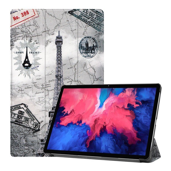 Tok álló, bőr hatású (aktív FLIP, oldalra nyíló, TRIFOLD asztali tartó funkció, Eiffel torony, térkép minta) SZÜRKE [Lenovo Tab P11 (TB-J606F)] (5996591024578)
