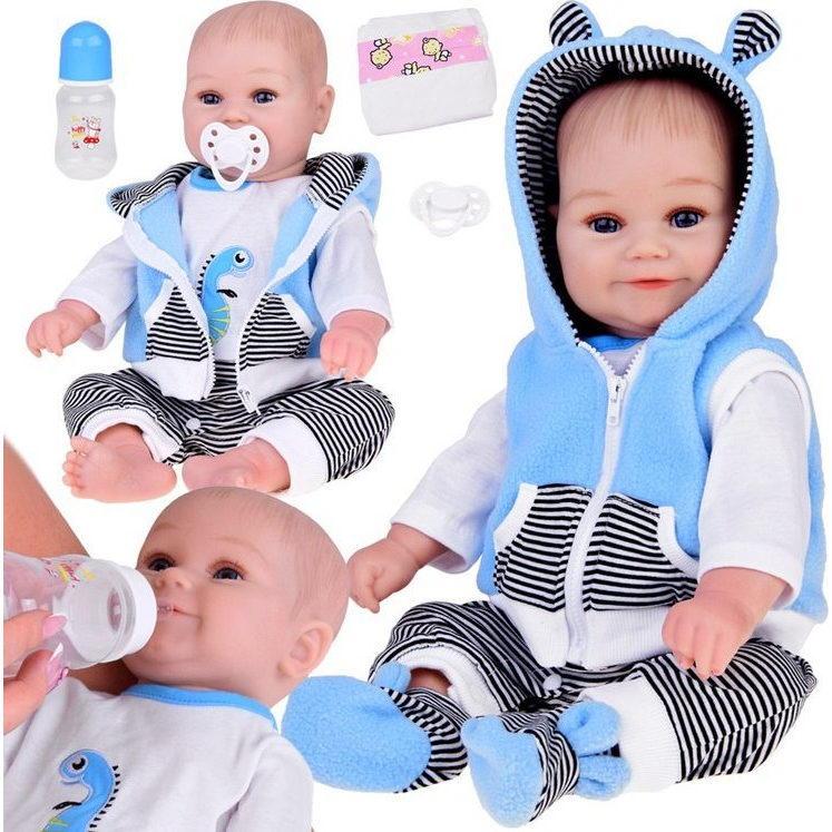 Interaktív Fiú Baba Kék Csíkos Szettben - 50 Cm (ZA5357)