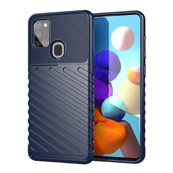 Szilikon telefonvédő (közepesen ütésálló, csíkos, dombor minta) SÖTÉTKÉK [Samsung Galaxy A21s (SM-A217F)] (5996457971114)