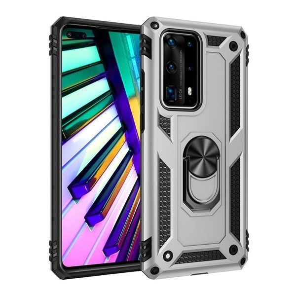 LG K30 (2019), Műanyag hátlap védőtok, közepesen ütésálló, szilikon belső, telefontartó gyűrű, Defender, ezüst (89635)