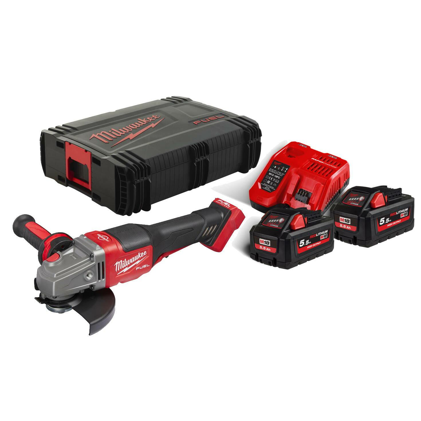 Milwaukee M18 FHSAG125XPDB-552X Akkumulátoros Sarokcsiszoló - 18 V, 125 mm, 9000 RPM, Szénkefementes, 2 X 5,5 Ah Akku + Töltő, Heavy Duty Kofferben (4933471080)