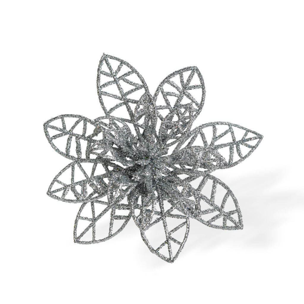 Family Karácsonyi csipeszes glitteres virágdísz, ezüstszínű 3db / csomag (58947B) (58947B)