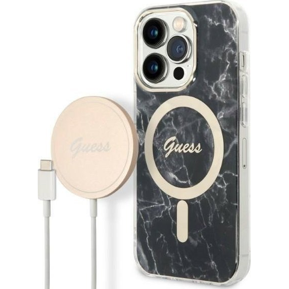 Guess Marble MagSafe Apple iPhone 14 Pro hátlap tok, fekete + MagSafe töltő (GUE002570)