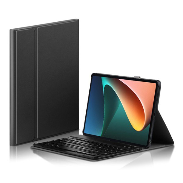 Калъф за таблет, съвместим, калъф Xiaomi Pad 5 Gigapack стоящ, кожен ефект (флип, bluetooth клавиатура, настолен държач, qwerty, английски език, държач за молив) черен, опаковка на производителя