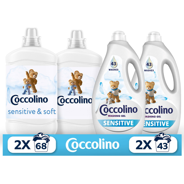 Coccolino Sensitive Mosószer és öblítő, 6,84 l (222 adag)