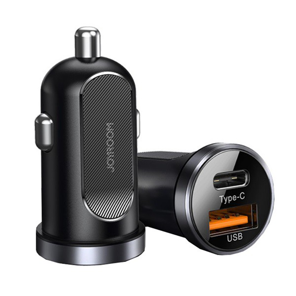 JOYROOM autós töltő USB / Type-C aljzat (5V / 4500mA, 30W, PD gyorstöltés támogatás, túltöltés elleni védelem) FEKETE (C-A08_B) (C-A08_B)