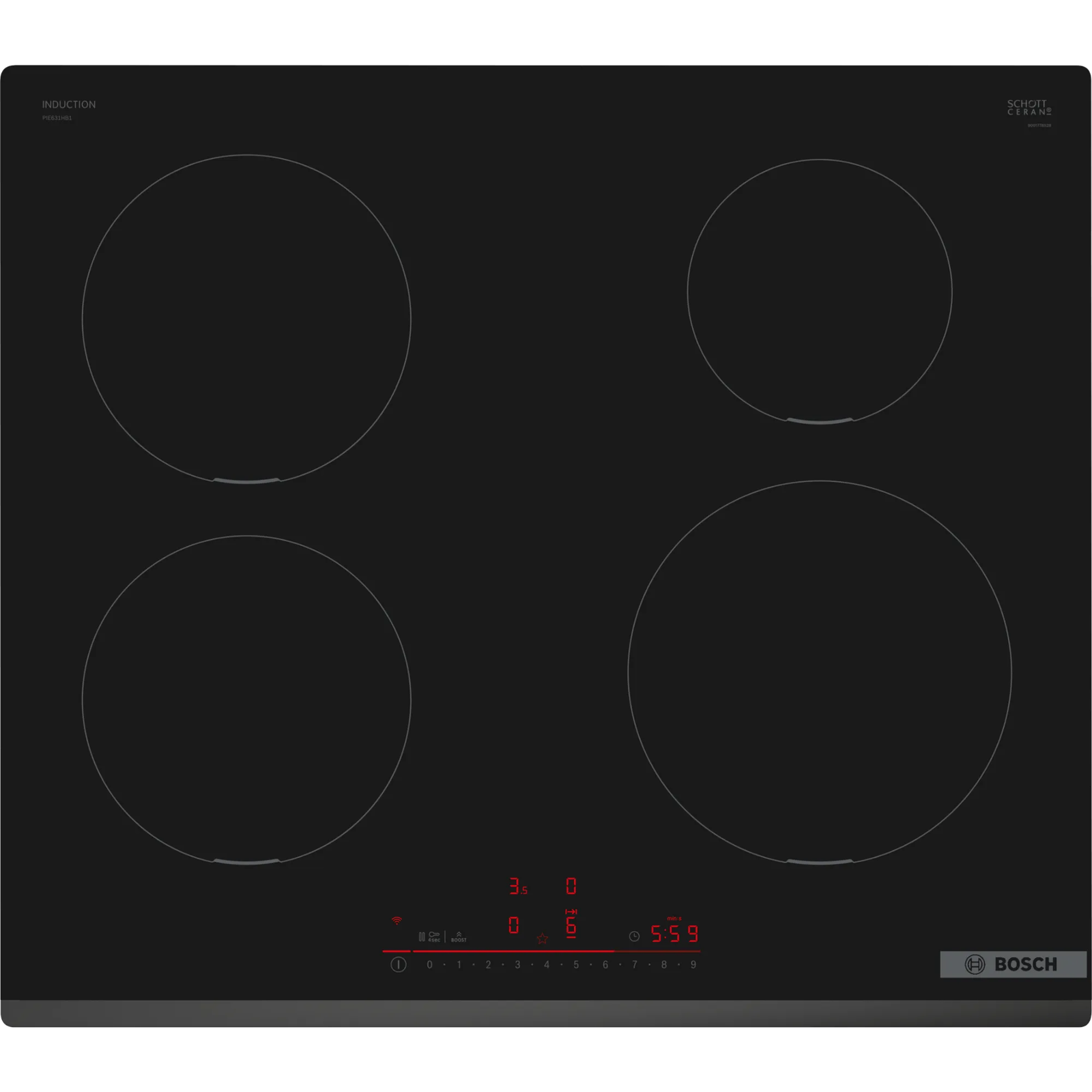 Bosch Serie 6 PIE631HB1E főzőlap Fekete Beépített 60 cm Zónás indukciós főzőlap 4 zóna (PIE631HB1E)
