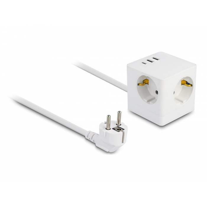 Delock 3 nyílásos csatlakozó kocka hosszabbító gyerekzárral és USB töltővel, valamint 1,5 méteres kábellel fehér (11497) (delock11497)