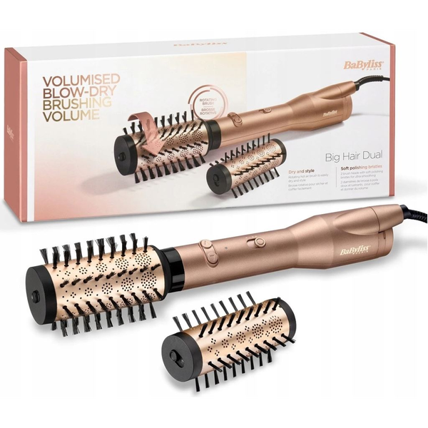 Четка за косa BaByliss Big Hair Dual AS952E, 650W + 2 аксесоара, Йонна технология, Керамично покритие, Студена въздушна струя, Златист