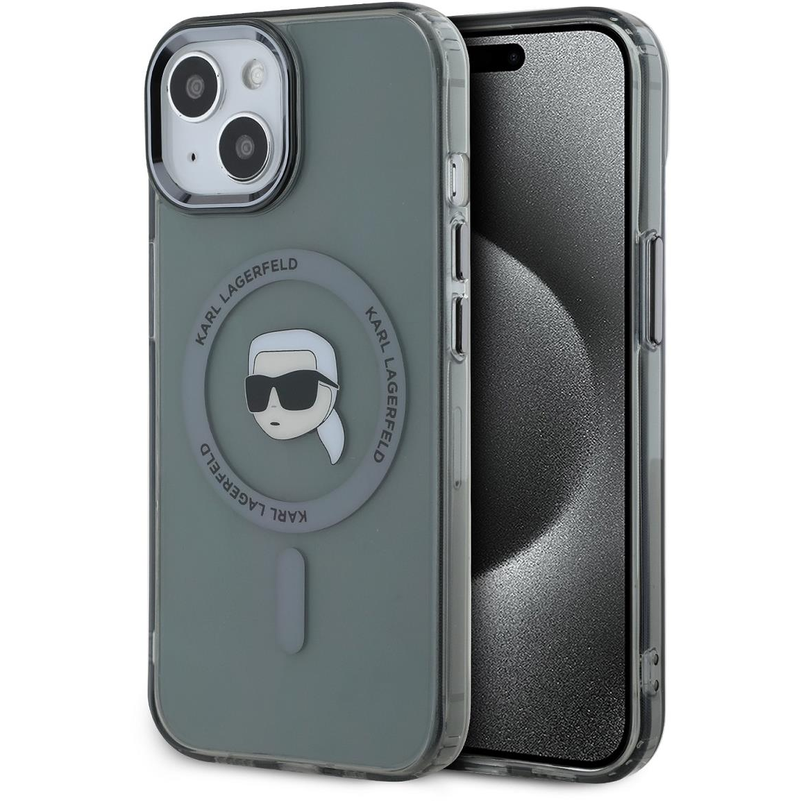 Karl Lagerfeld IML Karl Head Metal Frame MagSafe iPhone 15 Black tok (KLHMP15SHLSKIK)