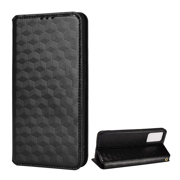 Tok álló, bőr hatású (FLIP, oldalra nyíló, asztali tartó funkció, teljes 3D rombusz minta, prémium) FEKETE [vivo V21 5G] (5996591152103)