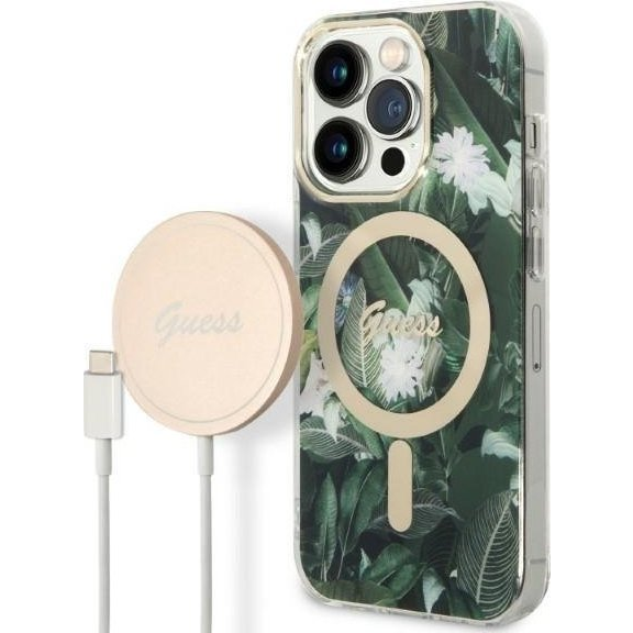 Ładowarka Guess Zestaw Guess etui + ładowarka bezprzewodowa GUBPP14LHJEACSA Apple iPhone 14 Pro zielony/green hard case Jungle MagSafe