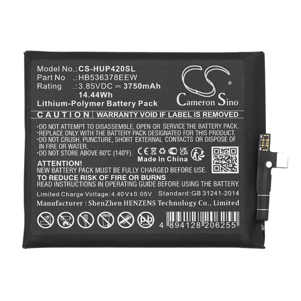 Cameron Sino Li-Polymer akku (3.85V / 3750mAh, Huawei HB536378EEW kompatibilis) FEKETE Huawei P40 Pro 5G (CS-HUP420SL)