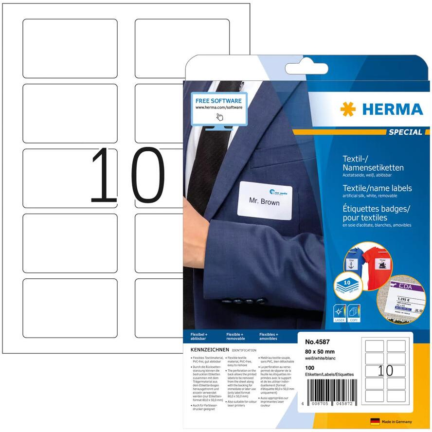 HERMA Textil/Namensetiketten A4 80x 50mm weiss 100 St. (4587)