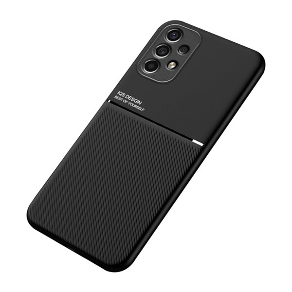 Műanyag telefonvédő (szilikon keret, közepesen ütésálló, beépített fémlemez, bőr hatású hátlap, csíkos minta) FEKETE [Samsung Galaxy A13 4G (SM-A135F / A137F)] (5996591216096)