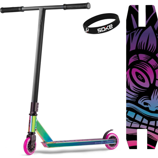 Kaszkadőr roller, SOKE EVO Street, neokróm, 85 cm, 10 cm 88A PU kerekek, ABEC-9 csapágy, Flex Fender fék, T kormány, max. 100 kg