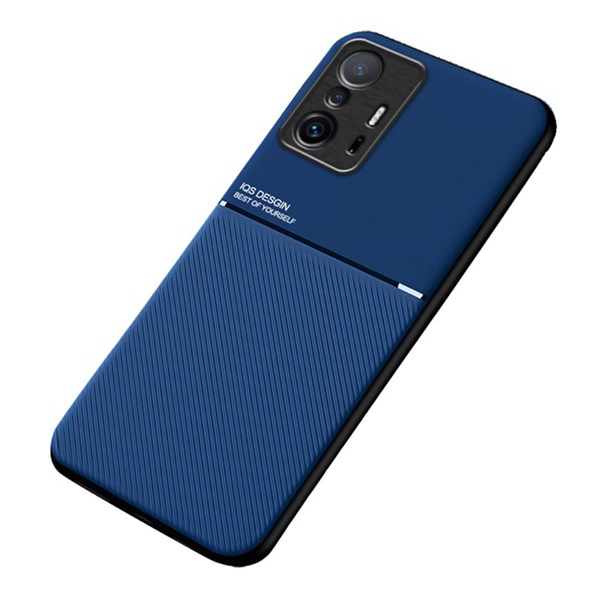 Пластмасов протектор за телефон Xiaomi 11T (Pro) (силиконова рамка, средна устойчивост на удар, вградена метална плоча, гръб с кожен ефект, шарка на райета) тъмно син