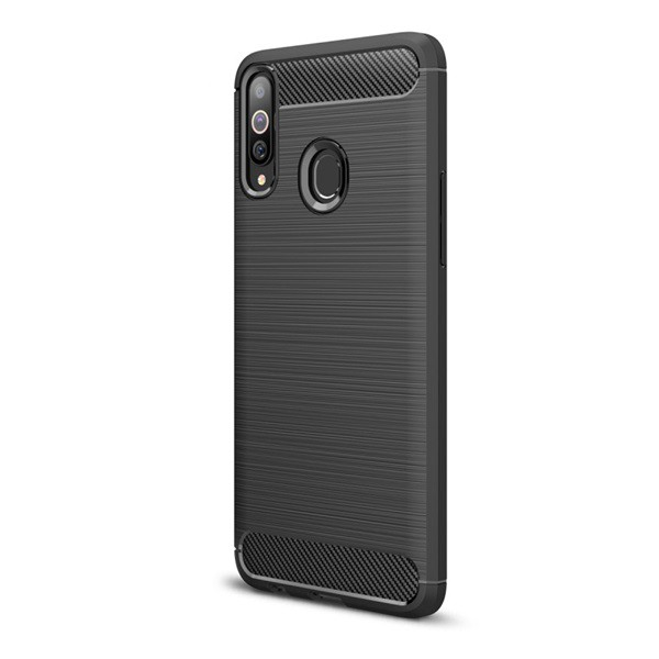 Szilikon telefonvédő (közepesen ütésálló, légpárnás sarok, szálcsiszolt, karbon minta) FEKETE [Samsung Galaxy A20s (SM-A207F)] (5996457923793)