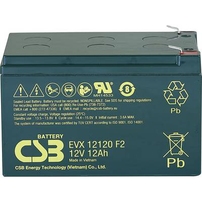 CSB Battery EVX 12120 EVX12120F2 Ólomakku 12 V 12 Ah Ólom-vlies (AGM) (Sz x Ma x Mé) 151 x 100 x 98 mm 6,35 mm-es laposérintkezős dugó Ciklusálló, (EVX12120F2)