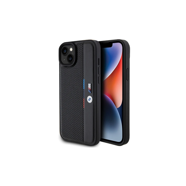 BMW BMHCP15M23PUPVK iPhone 15 Plus / 14 Plus 6.7” készülékhez kemény tok Perforated Tricolor Line fekete